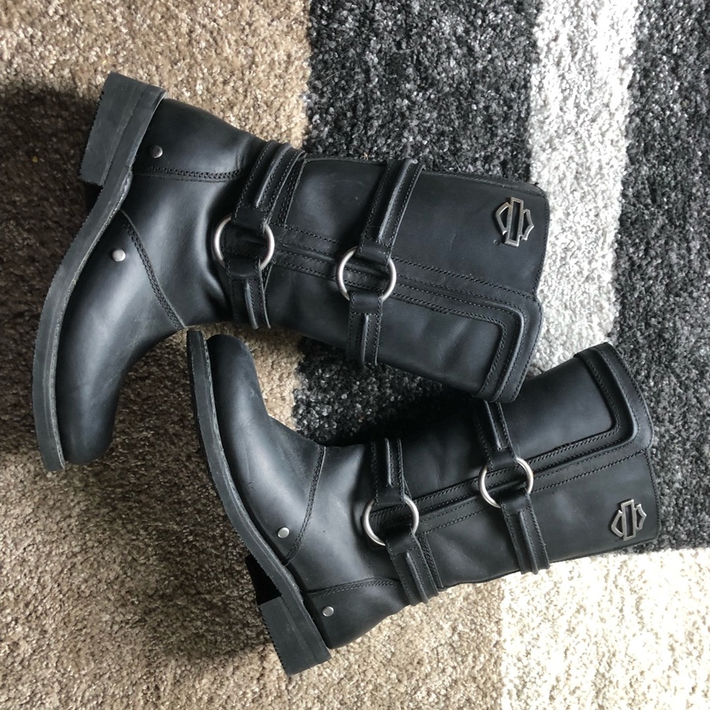 Black leather Harley Davidson motorcycle boots